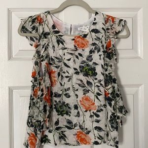 CLUB MONACO WHITE ORANGE GREEN MESH FLORAL PRINTED RUFFLE TOP BLOUSE SMALL